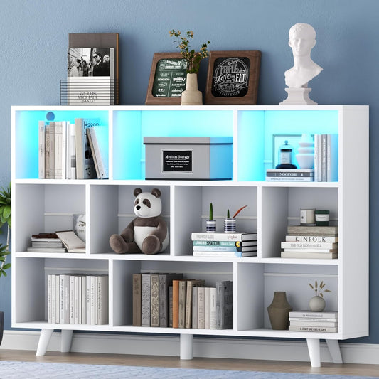 10 Cube Book Shelf with LED Lights, 3-Tier White Bookcase with Solid Wood Legs Modern Open Storage Organizer Kids Bookshelf Display Shelf for Living Room, Home Office (White, 10 Cube)