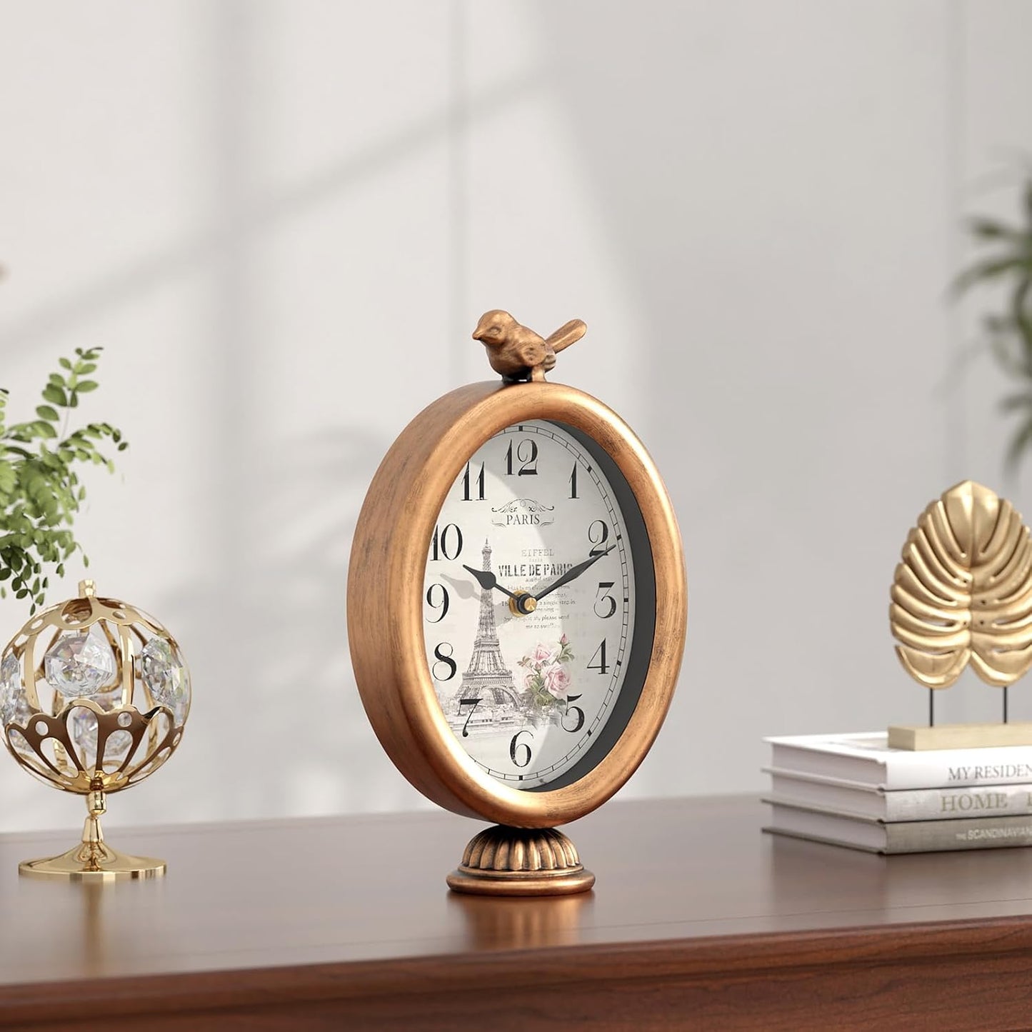Vintage Table Clock with Bird, Desk and Shelf Decor Clock, French Paris Style, Antique Gold Metal Mantel Clocks for Living Room, Farmhouse, Bedroom, Bedside, Gift (10" H x 5.9" W)