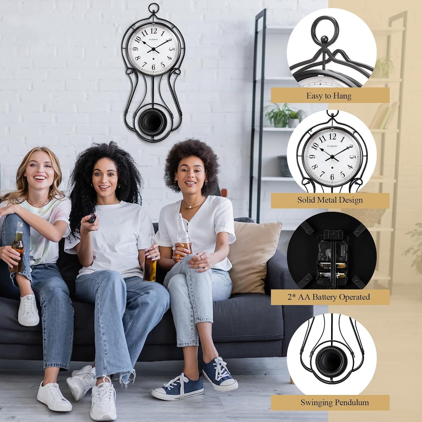 CLXEAST 20 Inch Black Metal Pendulum Wall Clock, Large Schoolhouse Regulator Wall Clocks for Living Room Decor,House Warming Gifts New Home,Gifts for Women