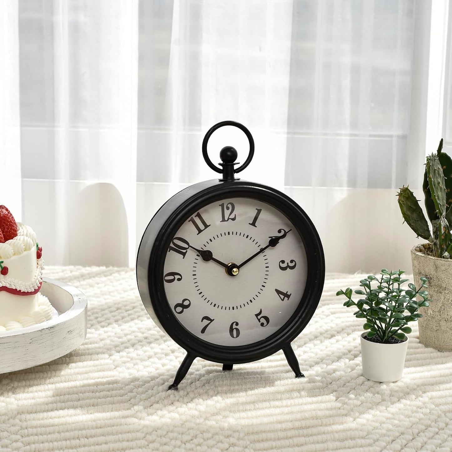 Vintage Black Table Clock on Stand, Decorative Desk and Shelf Clock, Rustic Mantel Clock Farmhouse Clock Non-Ticking