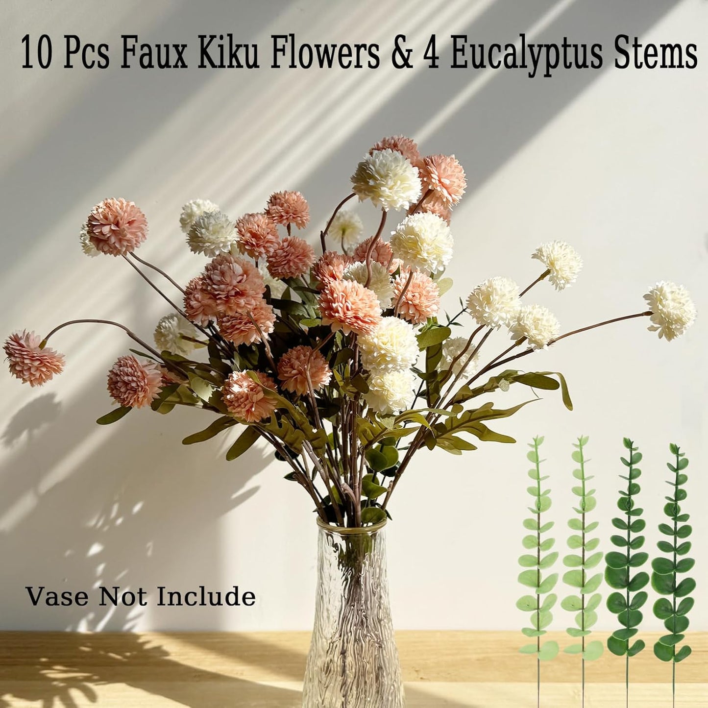 Faux White & Pink Kiku Flower, 10 Stems with 5 Heads Each & 4 Branches Eucalyptus Stems, Artificial Small Mini Chrysanthemum Flowers for Aesthetic Room Decor, Floral Arrangements Centerpiece