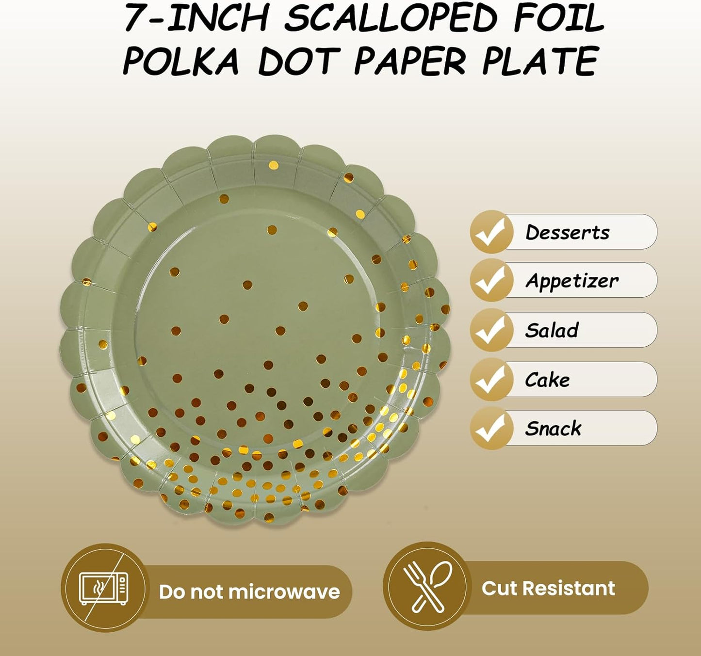 50PCS Sage Green Paper Plates, 7 Inch Scalloped Green and Gold Party Plates Disposable Foil Polka Dots Dessert Plate Cake Plate for Birthday, Baby Shower, Wedding, Bridal Shower St Patricks