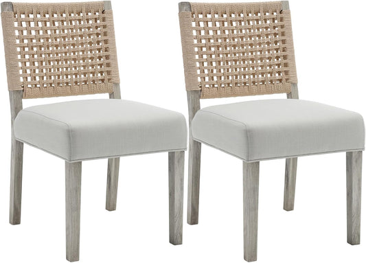 Kmax Farmhouse Dining Chairs Set of 2, Rustic Kitchen Chairs with Linen Fabric Seat and Woven Back, Vintage Accent Chairs for Dining Room, Living Room, Ivory