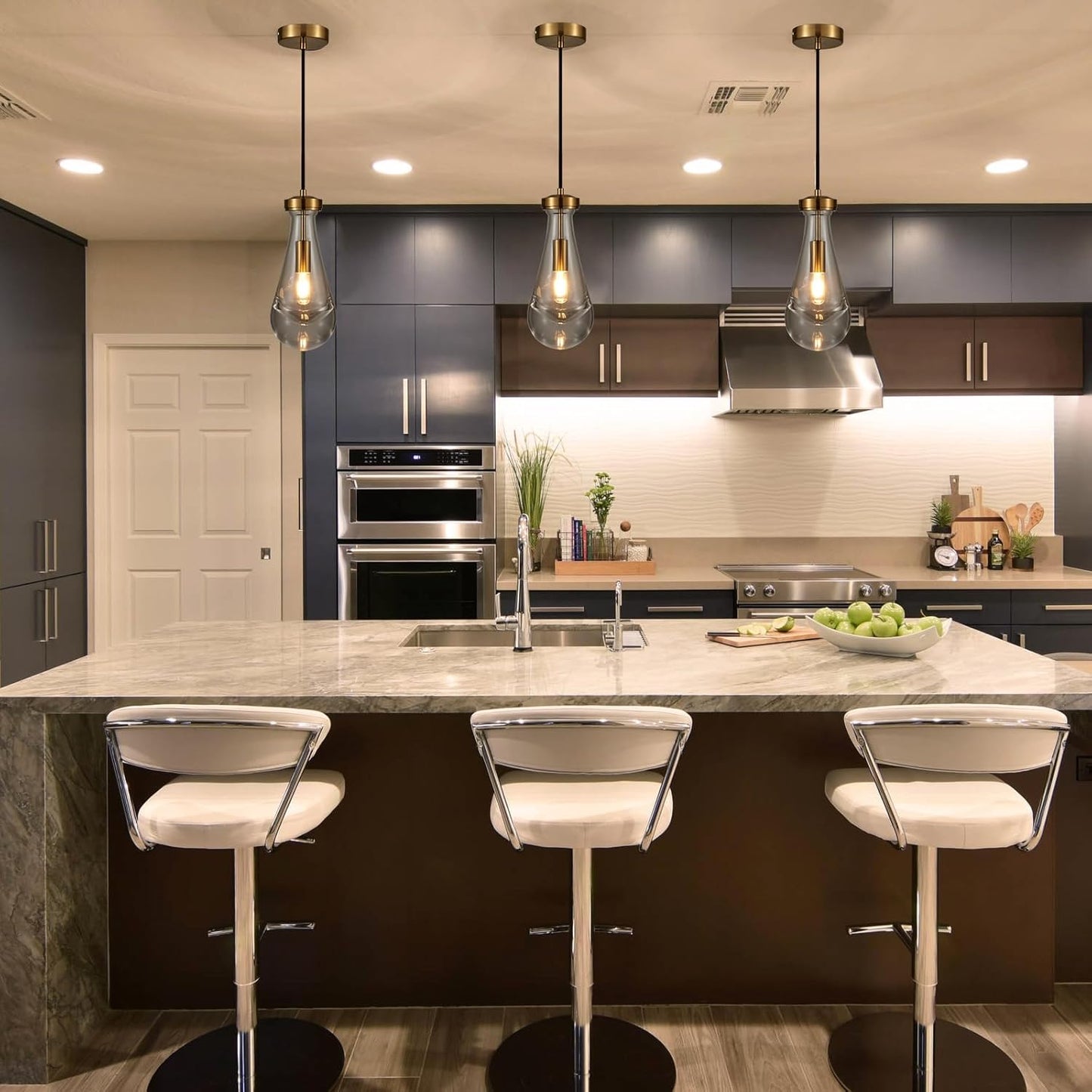 Raindrop Pendant Light Fixtures Set of 3, Brass Glass Pendant Lighting, Teardrops Modern Hanging Light for Entryway Foyer Kitchen Island Dining Living Room Hallway