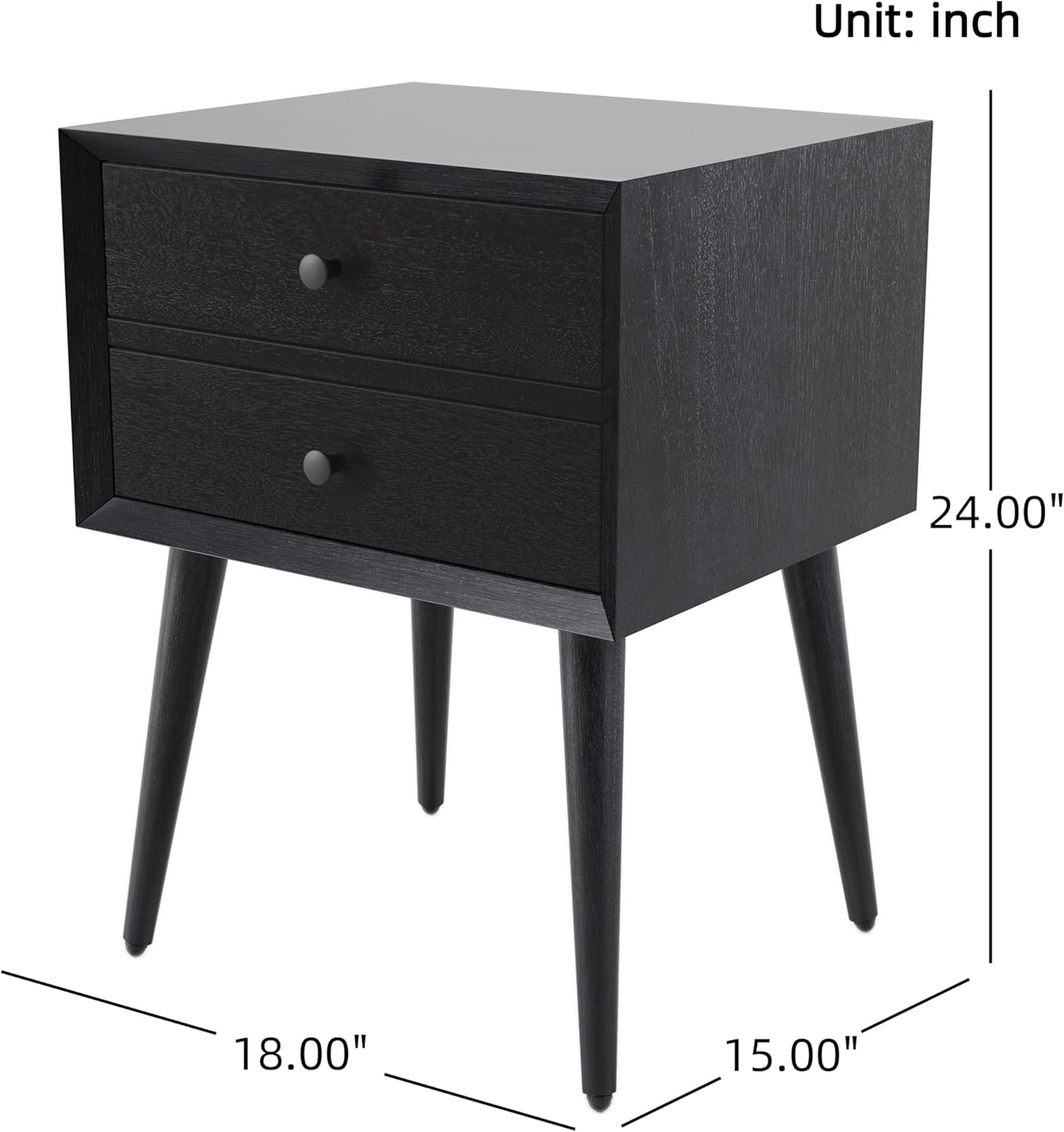Christopher Knight Home Accent Bedside End Table, Acacia Wood Nightstand Side Table, Storage with 2 Drawers, Mid-Century Nightstand with Solid Wood Leg for Bedroom Dorm and Small Space, Black