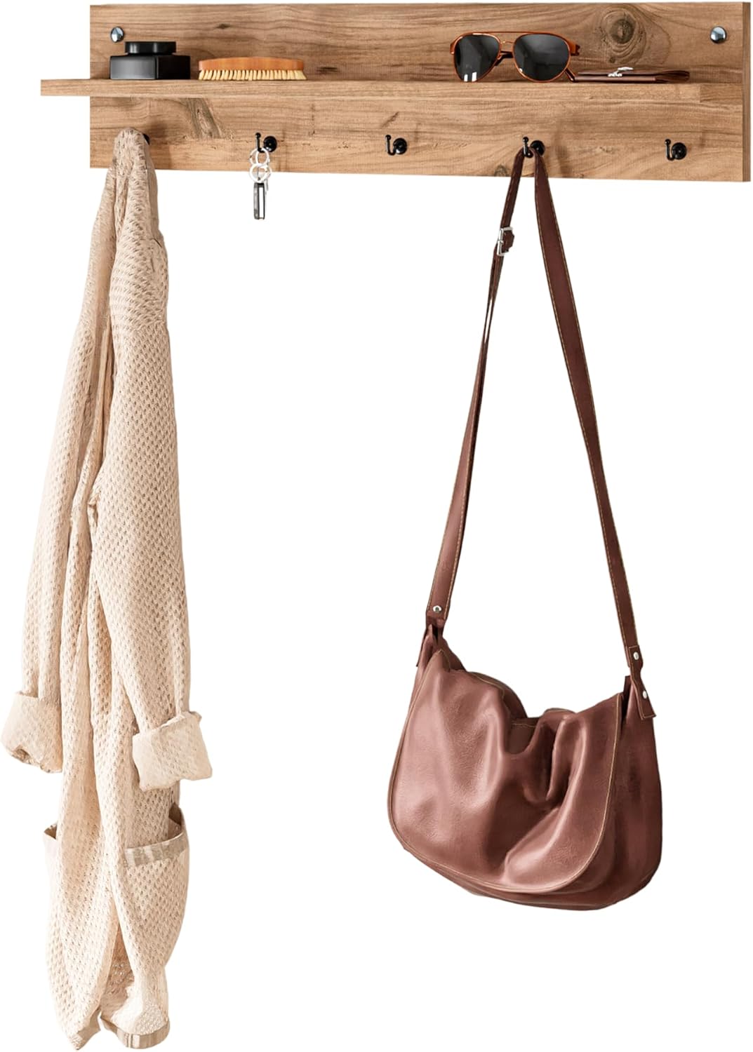 Modern Wall-Mounted Coat Rack with Shelf and Hooks - Wooden Entryway Organizer (Brown)