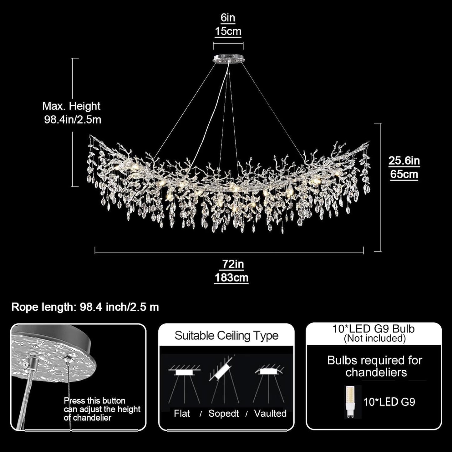 Modern Crystal Silver Chandelier,72" Large Rectangular Chandeliers for Dining Room, Tree Branch Crystal Lving Room Chandelier,Dining Room Over Table Chandelier,Fixture Height-Adjustable