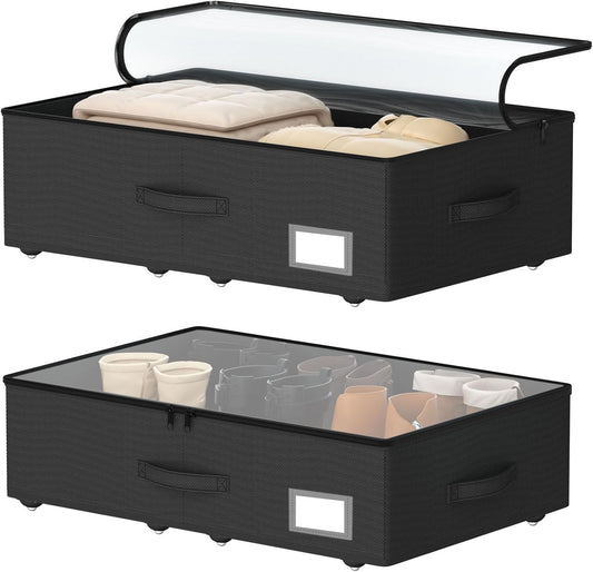 Underbed Storage Bins with Wheels, No Assembly Required - 7.5 inch height Black Large Capacity Rolling Underbed Containers for Shoes, Dorm under bed storage drawers