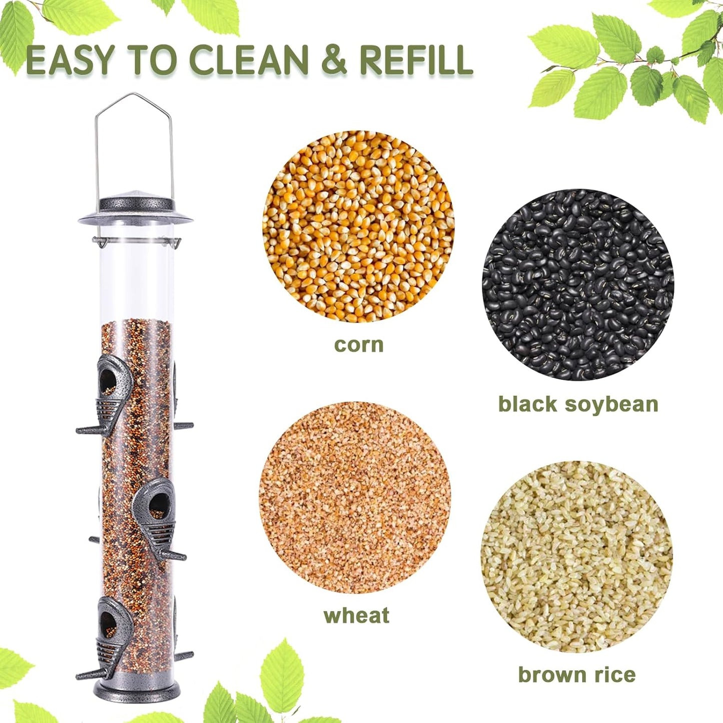 MIXXIDEA 2PK Metal Wild Bird Feeder Squirrel Proof Bird Feeders for Outside Hanging 6 Port Tube Bird Feeder Transparent Finch Feeder with Steel Hanger (Grey)