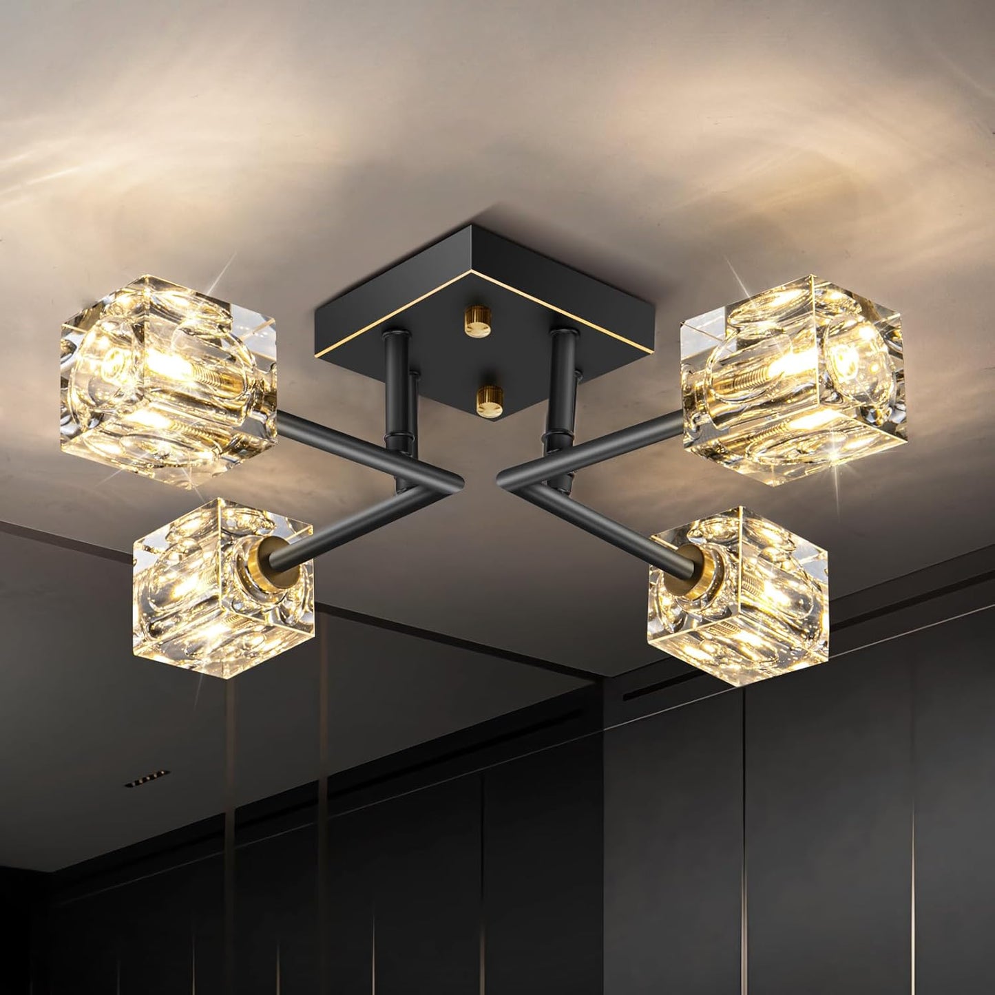 Modern Crystal Ceiling Light,Semi Flush Mount Ceiling Light Fixture with 4-Lights,Black and Gold Sputnik Chandeliers for Bedroom,Dining Room,Farmhouse Kitchen,Office,Entryway Hallway