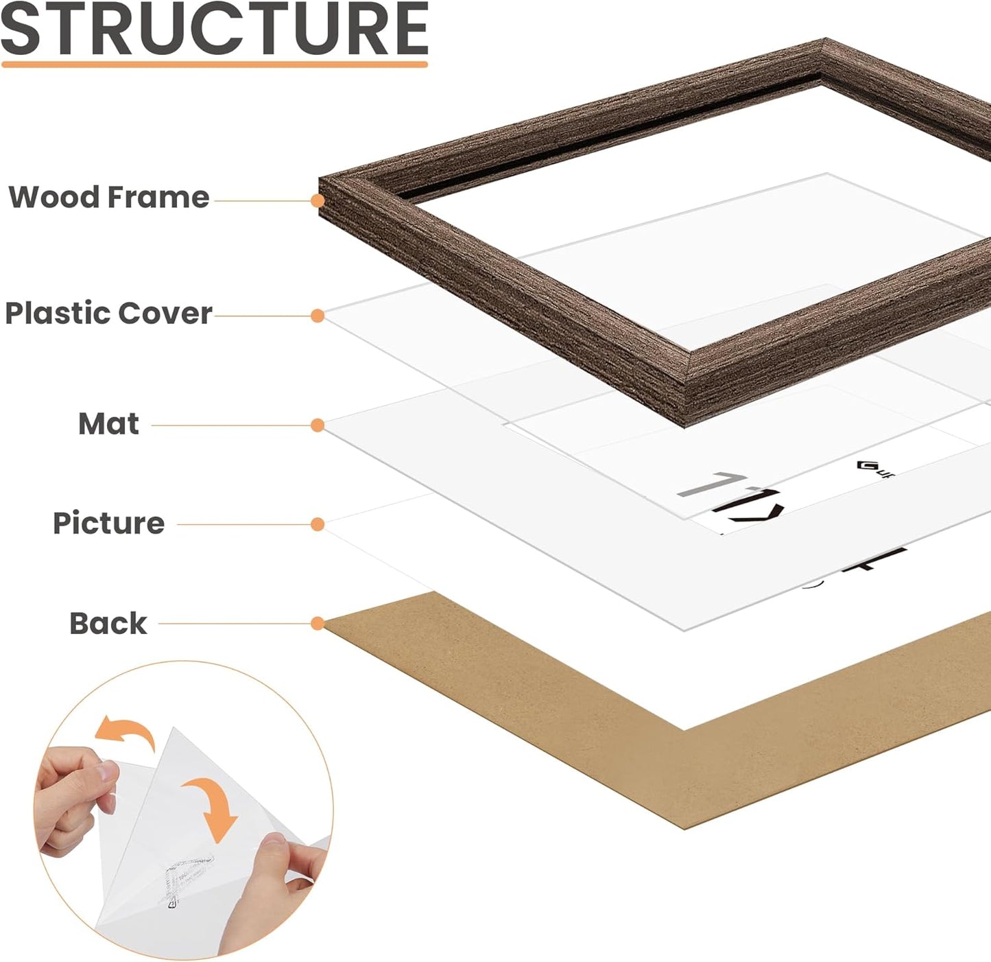 upsimples 11x14 Picture Frame, Natural Solid Wooden Picture Frames, Display 8x10 with Mat or 11 x 14 Without, Vertical or Horizontal Wall Hanging, 1 Pack, Brown