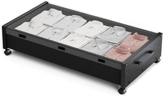 Wooden Under Bed Storage with Wheels, Rolling Under the Bed Storage Bins with Removable Lid, Metal Under Bed Drawers for Clothes and Shoes in Bedroom or Living Room(Black Wood-1pack)