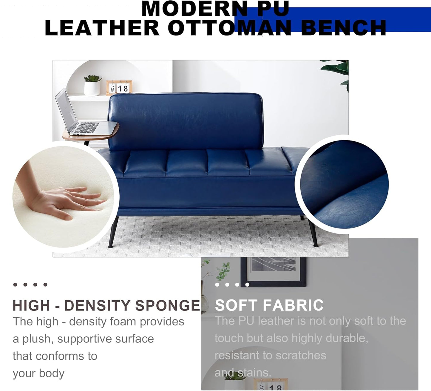 Sofa,Bed Bench,Small Spaces Furniture,Polyurethane Leather,Wood Frame,High Density Sponge Infillings,360-Degree Swivel Tray,Black Metal Leg (Blue)