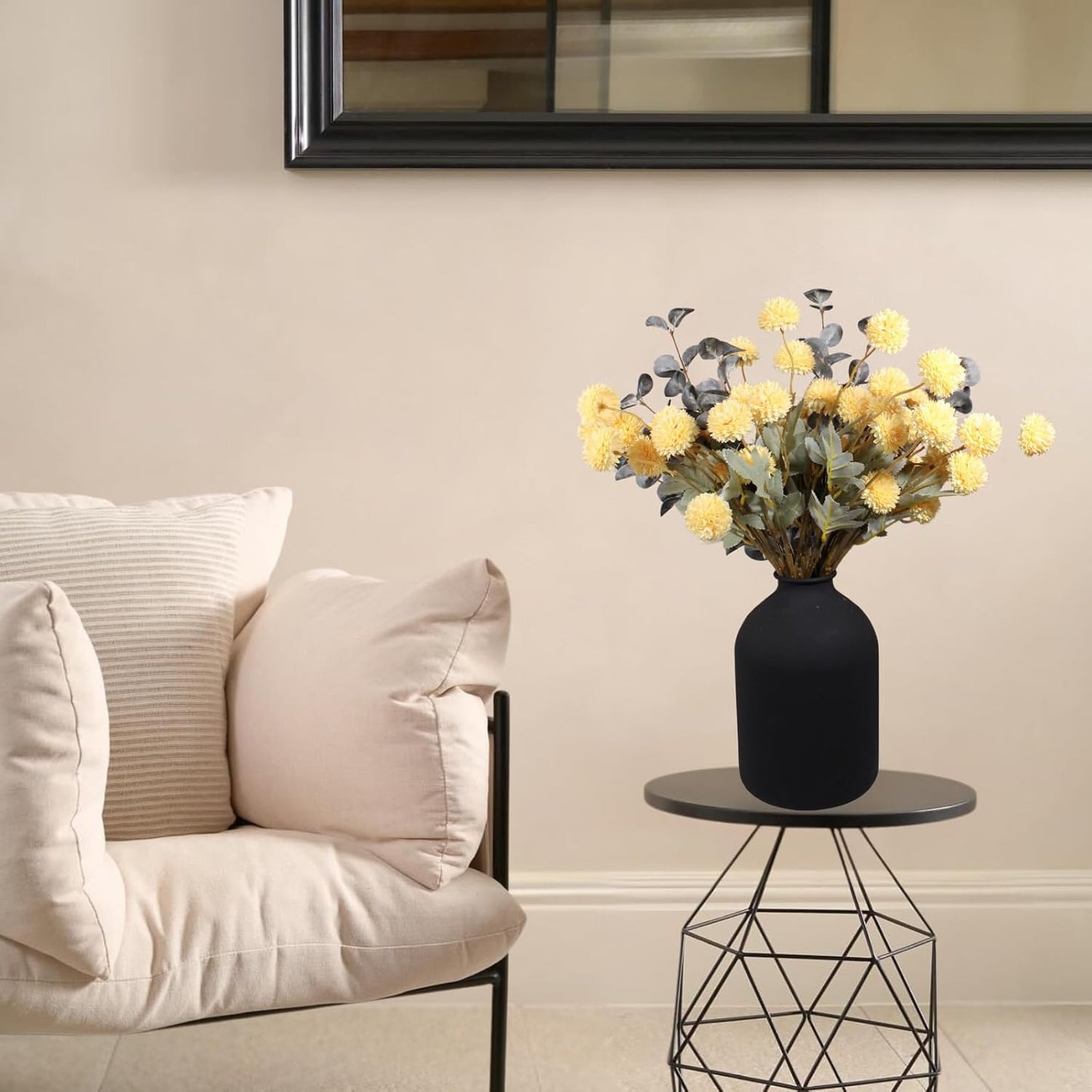 Yellow Flowers Artificial Long Stems Kiku Flower With Eucalyptus, Spring Flowers Decor, Mustard Yellow Decor, Flores Amarillas Artificiales Para Decoracion, Faux Easter Spring Summer Floral Stems