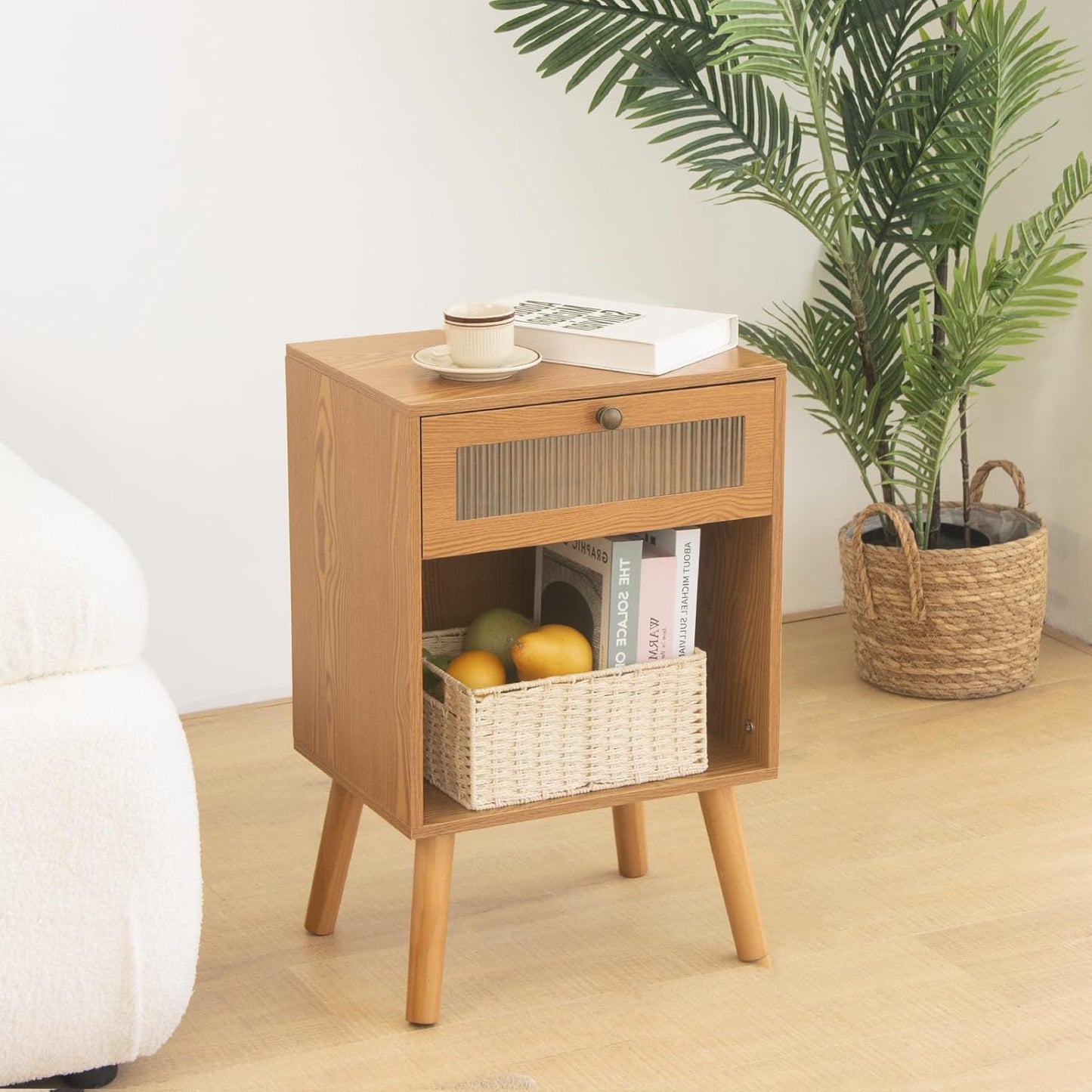 AWASEN Mid Century Nightstand, Bedside Table with Glass Storage Drawer and Large Open Shelf, Modern Night Stand Side End Table with Solid Legs for Bedroom, and Small Space, Brown