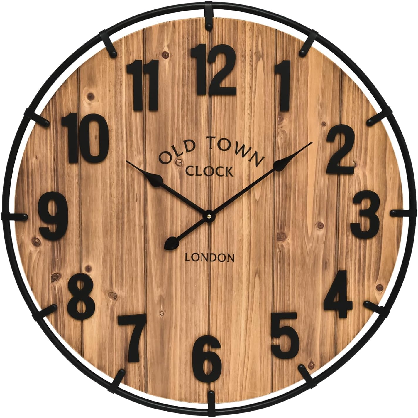 Large Old Town Farmhouse Wall Clock 20 Inches - Rustic Antique Wood with Metal Circle and Large Numerals Silent Battery Operated Wall Clock for Office Kitchen Bedroom Living Room