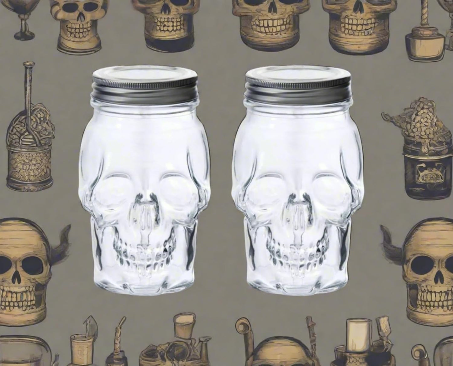 Set of 2 Skull Mason Jar Glasses with Lids | 16oz Reusable Halloween Drinking Glasses | Unique Skull Décor, Storage, & Canning Jars for Parties & Gifts