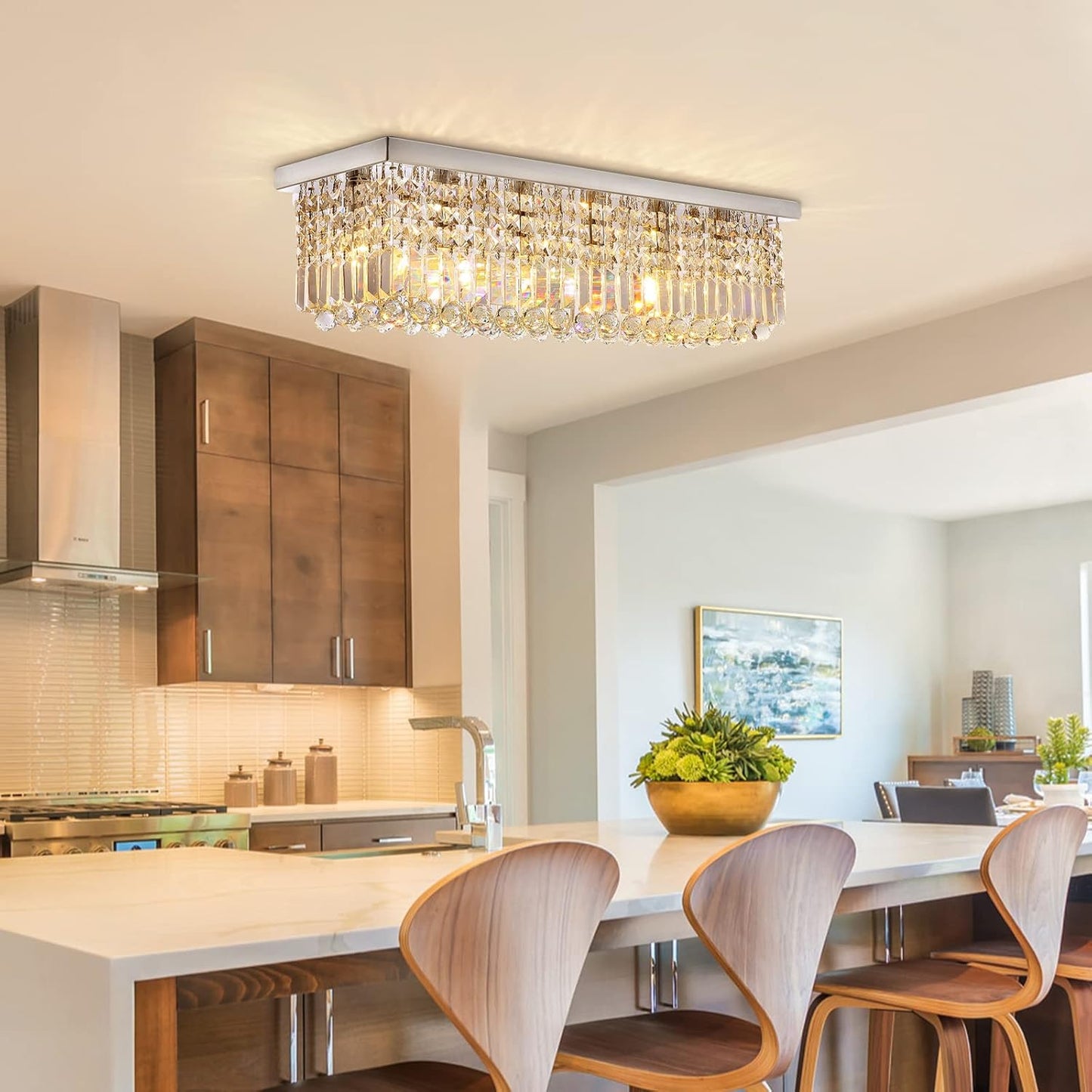 Siljoy Modern Crystal Chandelier 6-Lights Rectangular Flush Mount Pendant Ceiling Light Fixture Rectangle K9 Crystal Raindrop Chandelier for Dining Living Room Kitchen Island L31.5'' x W10'' x H10'