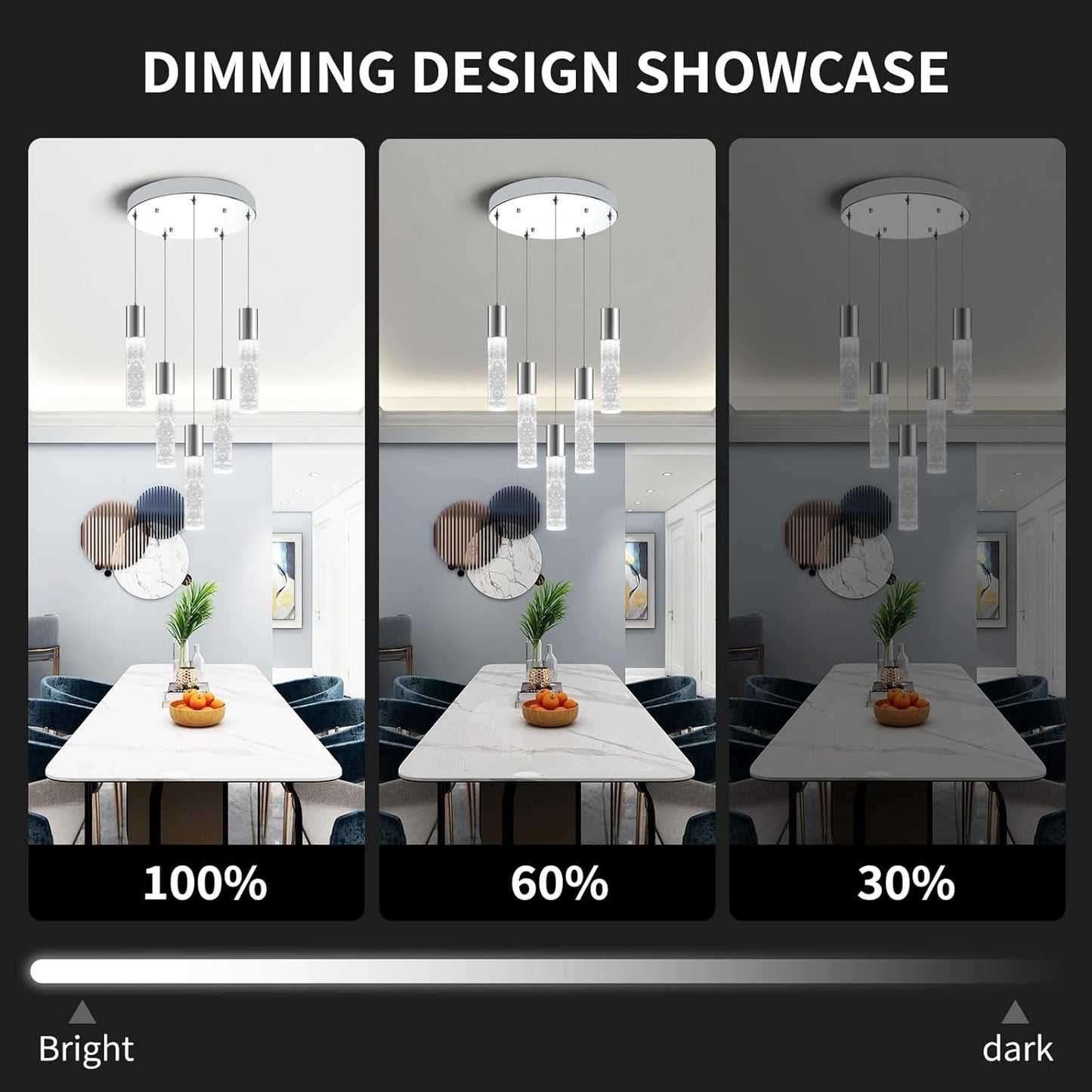 OKELI 5-Light Pendants Light for Kitchen Island Dining Room, 6000K Bubble Crystal Modern LED Kitchen Hanging Lights, 30W Chrome Pendant Lighting Fixture, Round