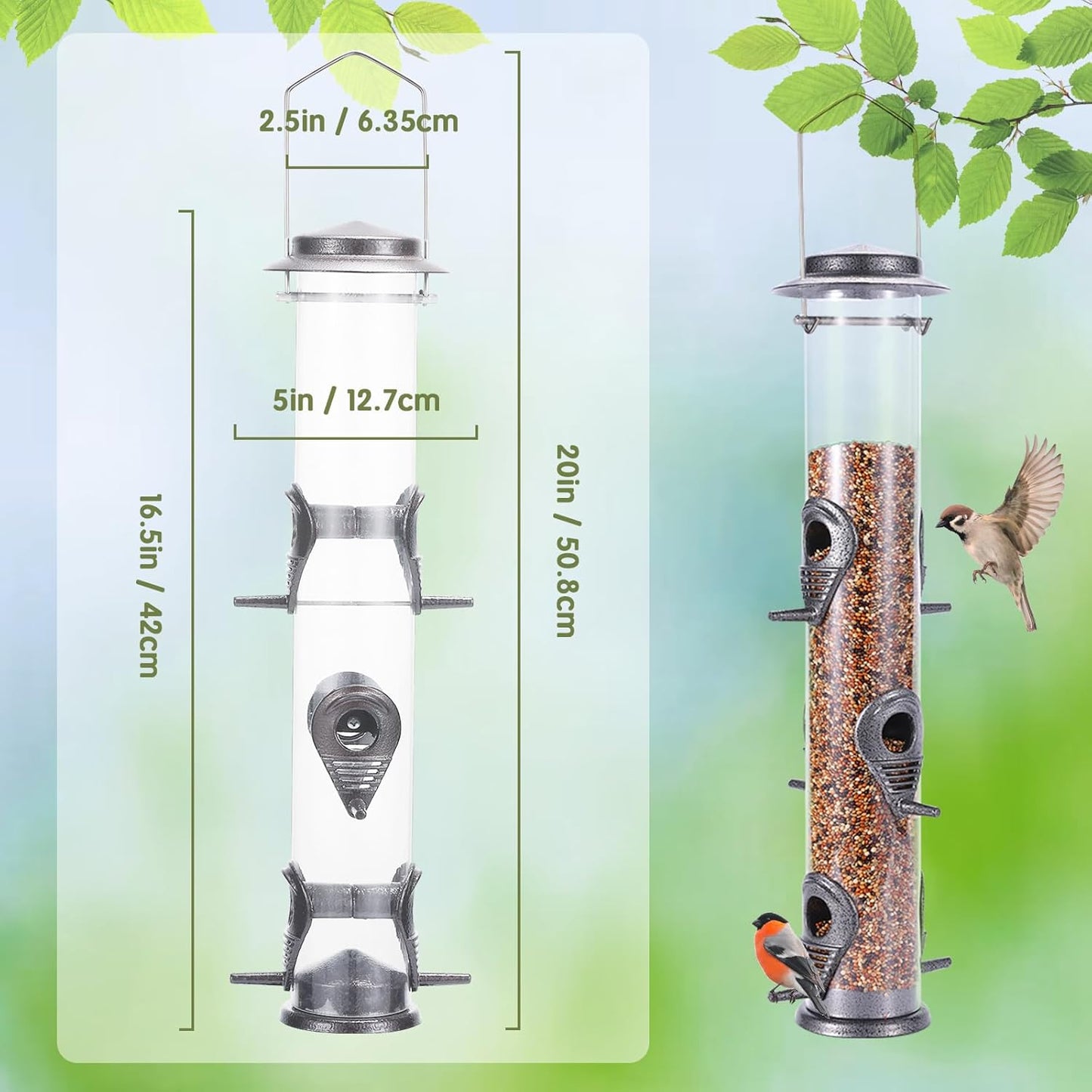 MIXXIDEA 2PK Metal Wild Bird Feeder Squirrel Proof Bird Feeders for Outside Hanging 6 Port Tube Bird Feeder Transparent Finch Feeder with Steel Hanger (Grey)