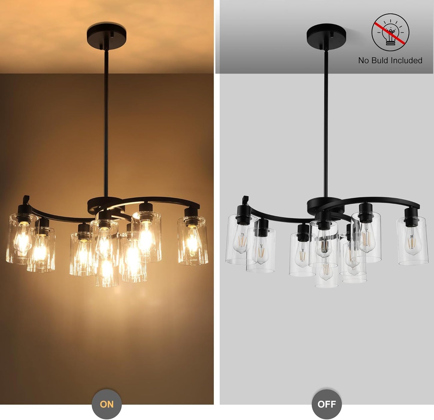9-Light Black Modern Chandeliers for Dining Room, Adjustable Height Farmhouse Kitchen Island Lighting, Industrial Hanging Light Fixtures for Living Room Bedroom, Clear Glass Shade