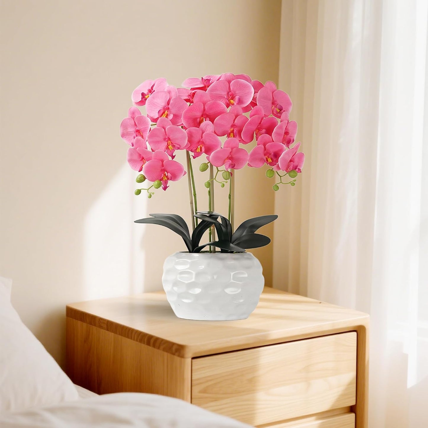 Orchid Artificial Flowers with White Vase Large Silk Faux Phalaenopsis Flowers for Dining Room Table Floral Centerpieces Indoor Decoration,Fuchsia