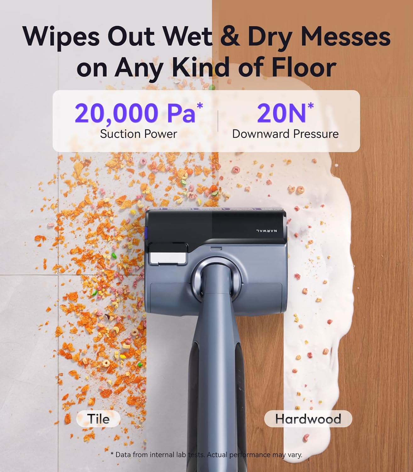 NARWAL S30 Pro Wet Dry Vacuum Cleaner with 20000Pa Suction, Cordless Vacuum Mop for Hard Floors, Tangle-Free Hair-Cutting, 180° Lie Flat, 194°F Self-Cleaning, Disposable Waste Bag, Edge Cleaning