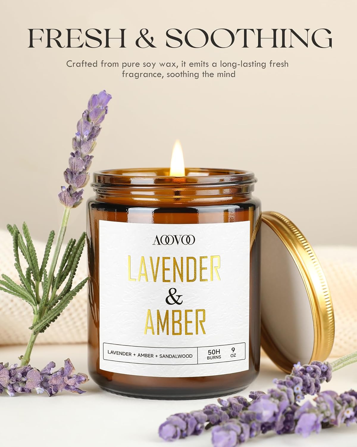 AOOVOO Lavender Amber Candles - 9 oz Scented Candles, Aromatherapy Candle, Soy Candle for Home Scented