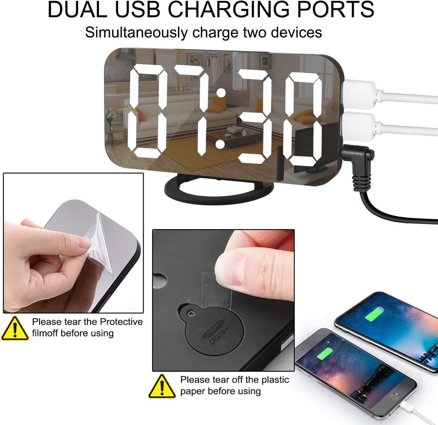 Digital Clock Large Display, LED Alarm Electric Clocks Mirror Surface for Makeup with Diming Mode, 3 Levels Brightness, Dual USB Ports Modern Decoration for Home Bedroom Decor-Black