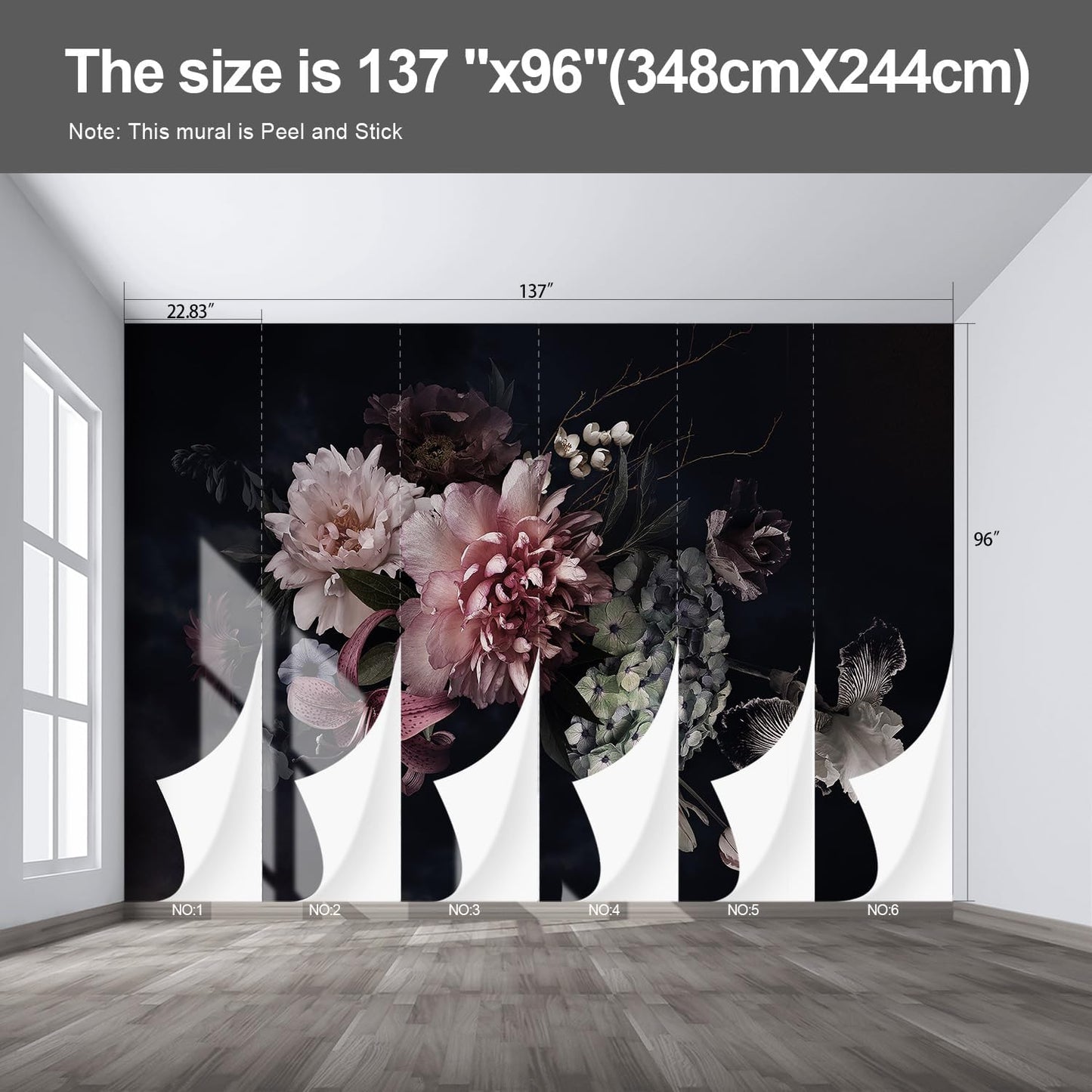 Black Floral Wall murals Peel and Stick Flowers Wallpaper for Bedroom Living Room - 96"x137"