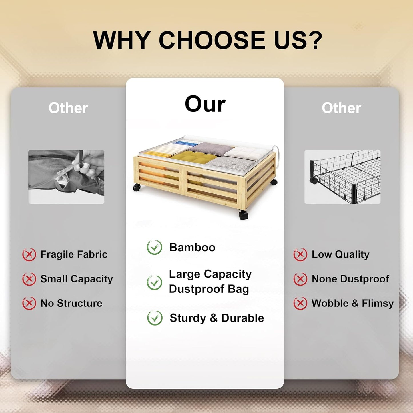 Under Bed Storage Containers With Wheels - 2 Pcs Bamboo Wood Rolling Underbed Shoe Storage Bins With Dust Bags for Clothes Blankets, Duvet Covers Snacks Toys (Natural)