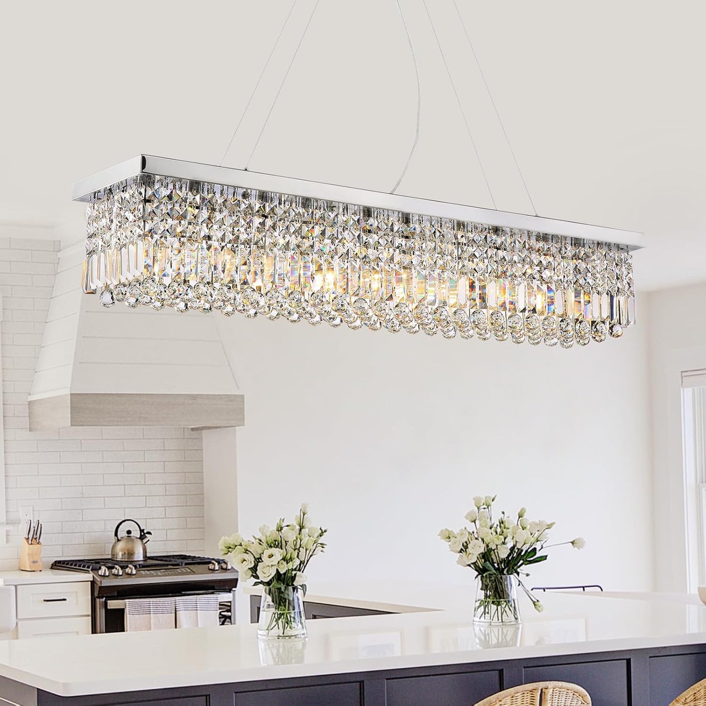 Siljoy Modern Rectangular Crystal Chandelier, 47" Rectangle Raindrop Hanging Ceiling Pendant Light Fixture Adjustable Height for Kitchen Island Dining Room, Polished Chrome Finish, L47 x W10 x H10