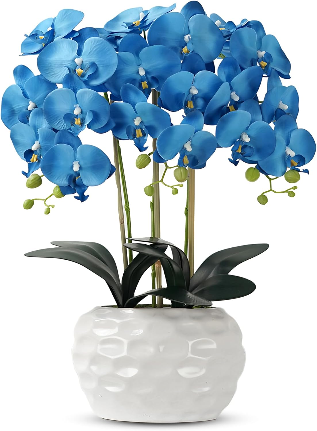Orchid Artificial Flowers with White Vase Large Silk Faux Phalaenopsis Flowers for Dining Room Table Floral Centerpieces Indoor Decoration,Blue