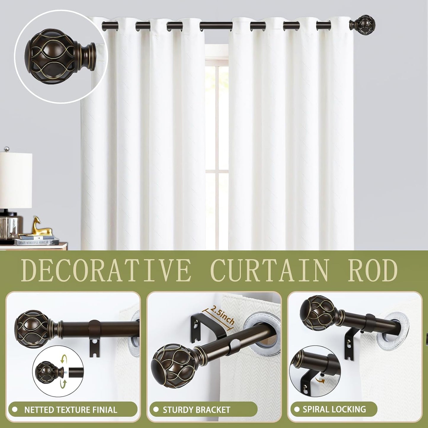 Bronze Farmhouse Curtain Rods for Windows:36-88 Inch Heavy Duty Adjustable Curtain Rod for Bedroom Living Room,Boho Decorative Rustic Drapery Rods with Vintage Coastal Finial,Antique Bronze