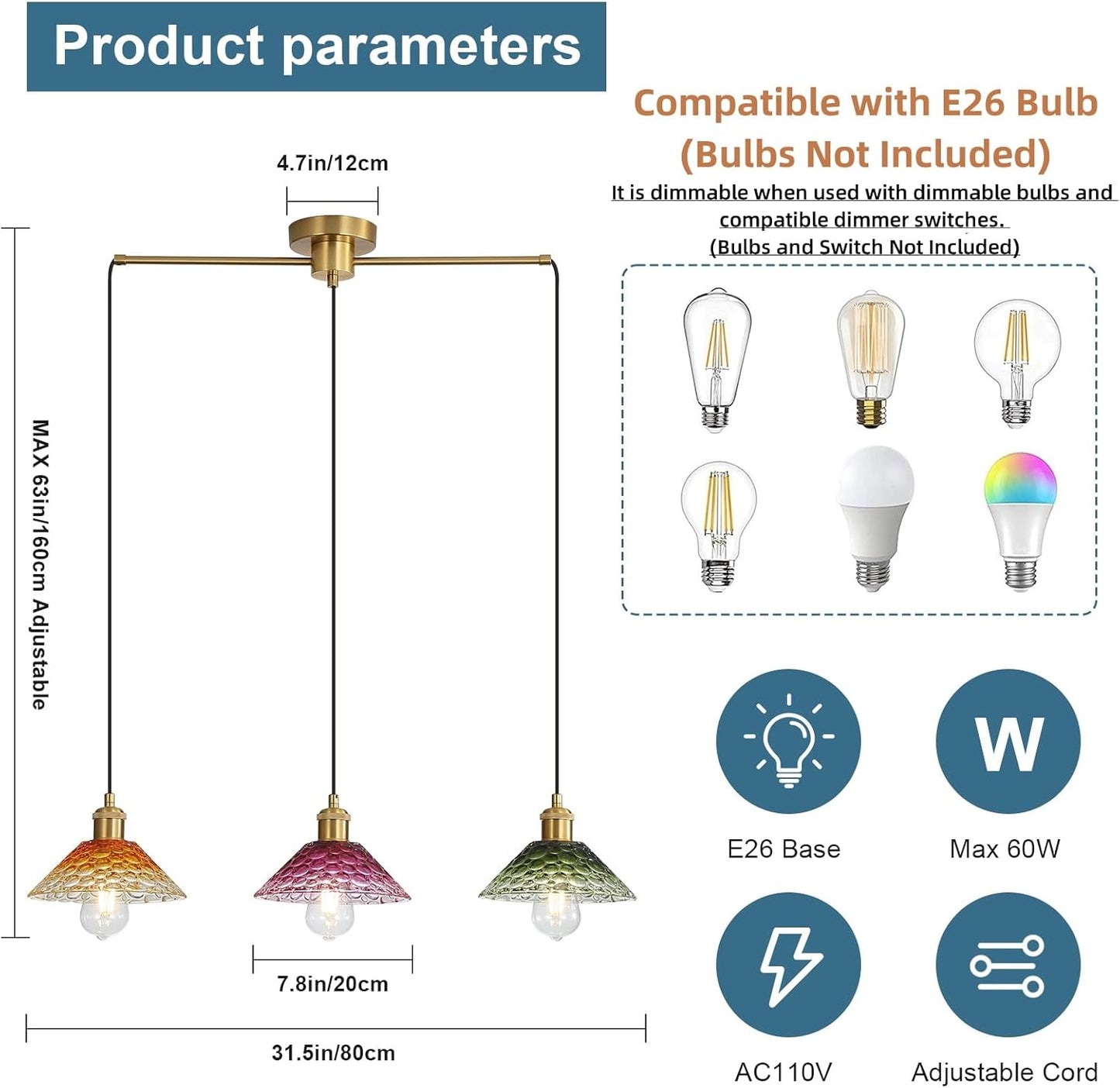 3-Light Pendant Lights Kitchen Island, Ceiling Hanging Lighting Fixtures, Colorful Vintage Glass Shade Pendants, Modern Gold Dining Room Chandeliers Height Adjustable for Farmhouse Living Room