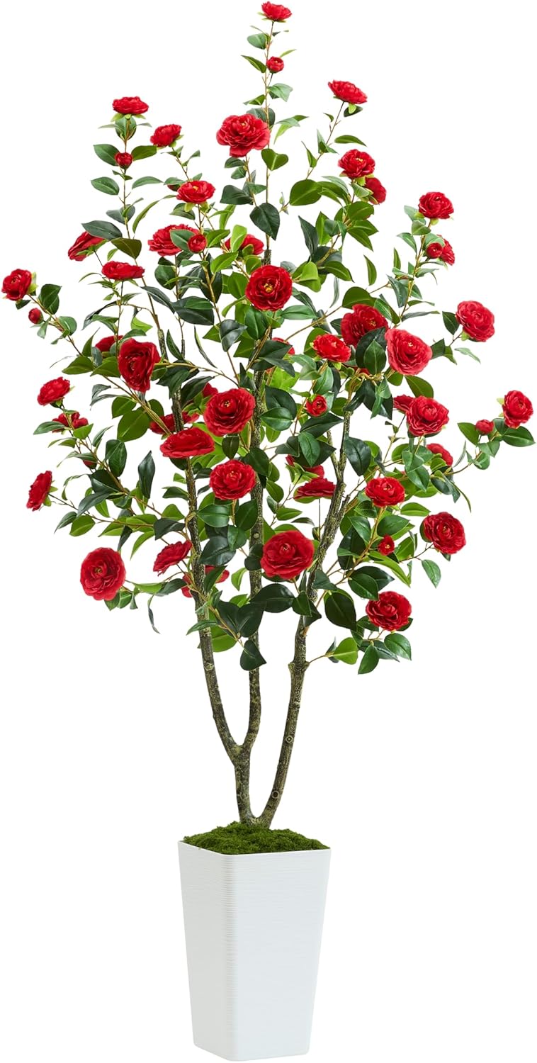 Artificial Camellia Tree 6FT Faux Trees Indoor Fake Floral Plant Blooming Tree with Red Flowers & White Tall Planter, Faux Camellia Plants for Porch Home Room Bedroom Office Front Door Outdoor Decor