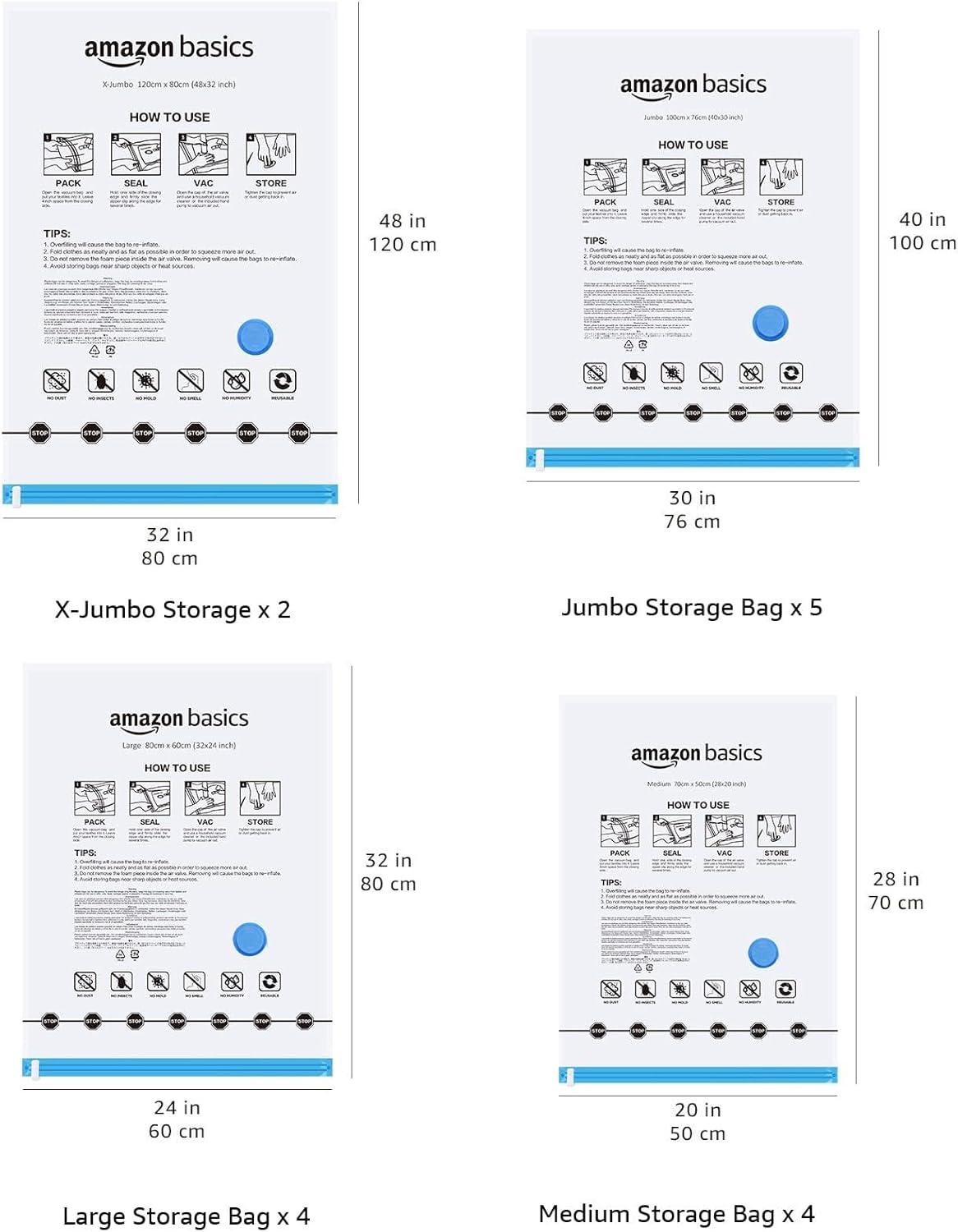 Amazon Basics Vacuum Compression Space Saving Storage Bags with Hand Pump for Clothes Packing, Pack of 15, Multiple Sizes, White