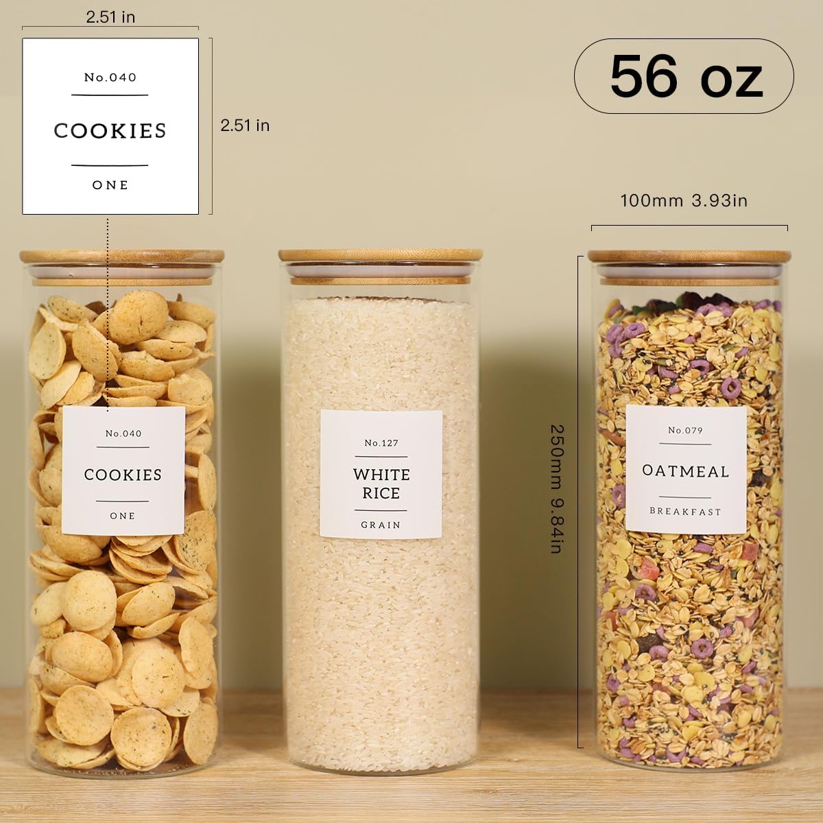3 Pack Glass Jar with Airtight Bamboo Lid and White 132 Kichen Pantry Labels Preprinted - 56 Oz Clear Tall Glass Food Storage Containers set For Pasta Flour Cookie Rice
