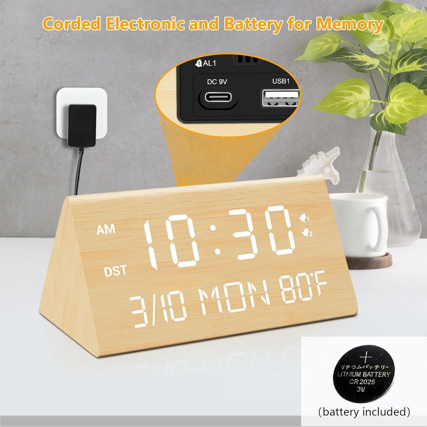 Kogonee Wooden Digital Alarm Clock, 0-100% Dimmer, 2 Alarm Settings, Weekday/Everyday Mode, 9 Mins Snooze, 12/24H, Temperature and Date Display for Office, Travel, Bedroom Alarm Clock (Bamboo)