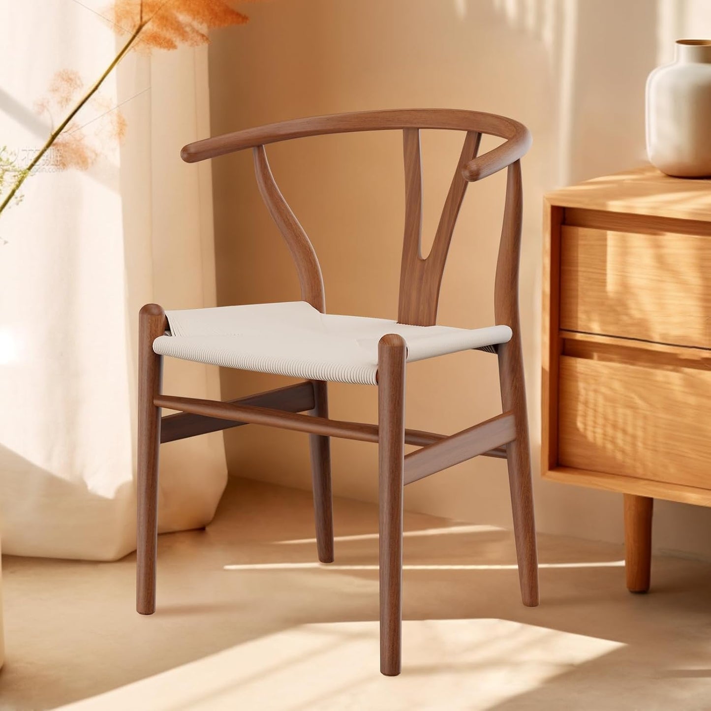 Tomile Solid Wood Wishbone Chair Y Chair Mid-Century Armrest Dining Chair, Hemp Seat (Ash Walnut Color, Pack of 2)