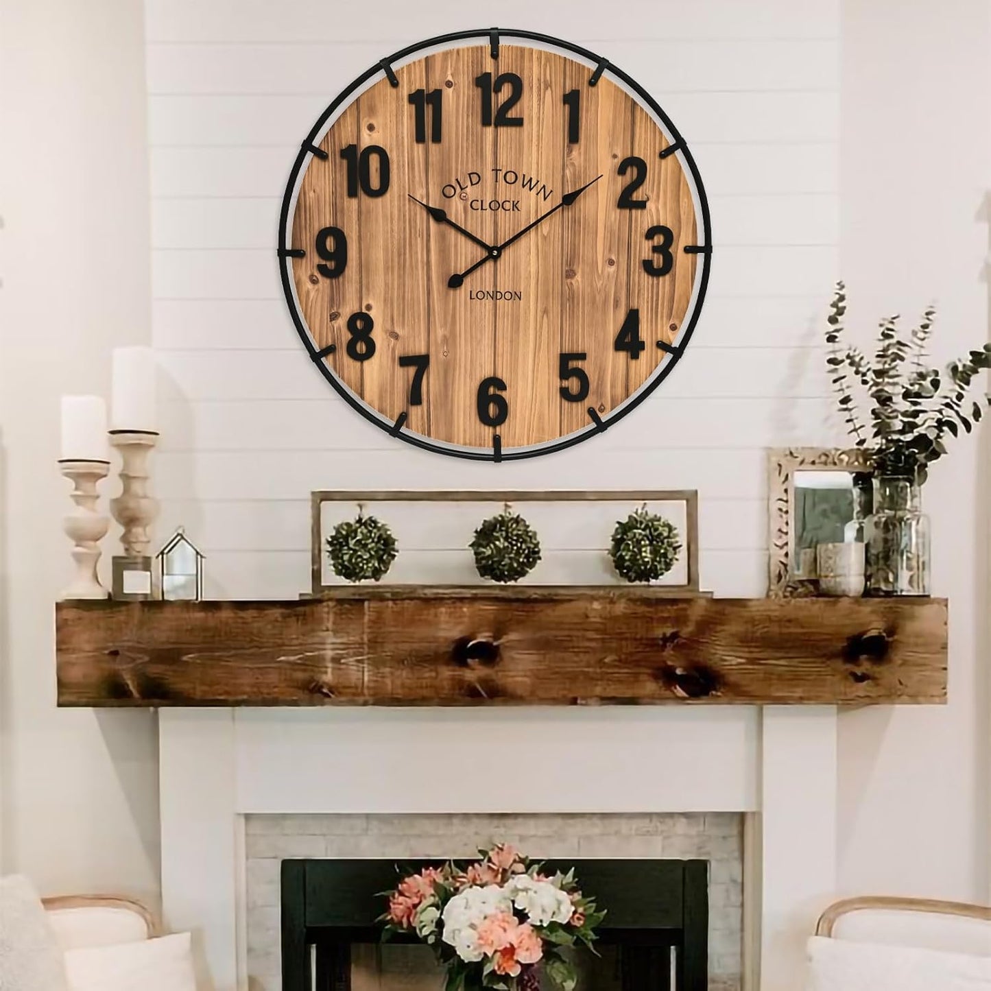 Large Old Town Farmhouse Wall Clock 20 Inches - Rustic Antique Wood with Metal Circle and Large Numerals Silent Battery Operated Wall Clock for Office Kitchen Bedroom Living Room
