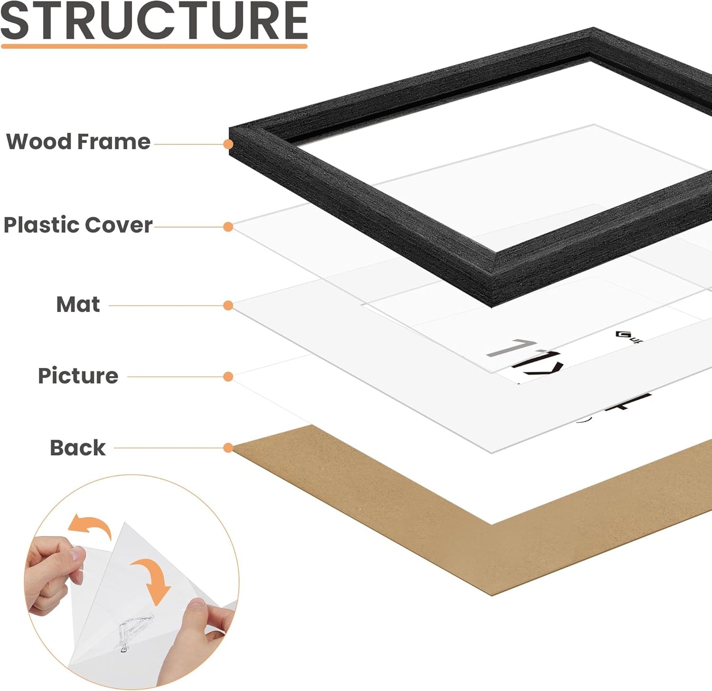 upsimples 11x14 Picture Frame, Natural Solid Wooden Picture Frames, Display 8x10 with Mat or 11 x 14 Without, Vertical or Horizontal Wall Hanging, 1 Pack, Black