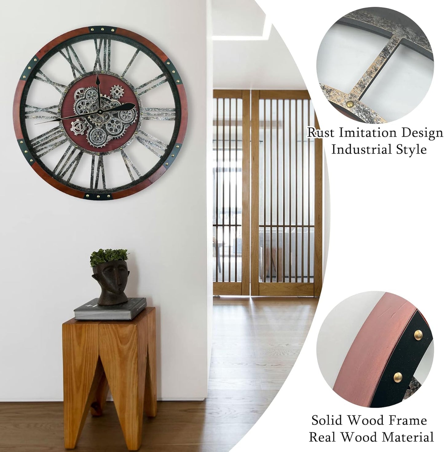 36 Inch Moving Gear Wall Clock, Oversized Wall Clocks, Clock Living Room Decor, Solid Wood Frame, Battery Operated, Large Wall Clock with Industrial for Fireplace(Black Walnut)