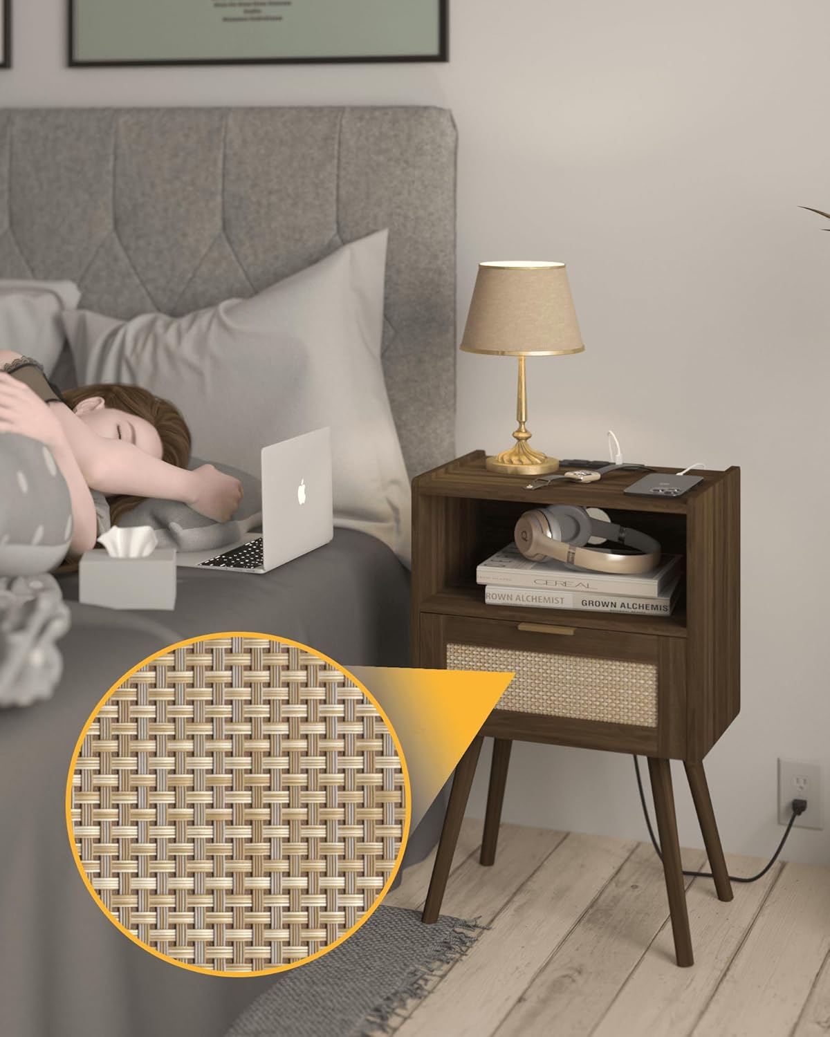 Rattan Nightstand with Outlet,Modern Bedside Table with Storage Drawer and Open Wood Shelf, for Living Room, Bedroom and Small Spaces, Accent Night Stand with Solid Wood Legs,Walnut Brown