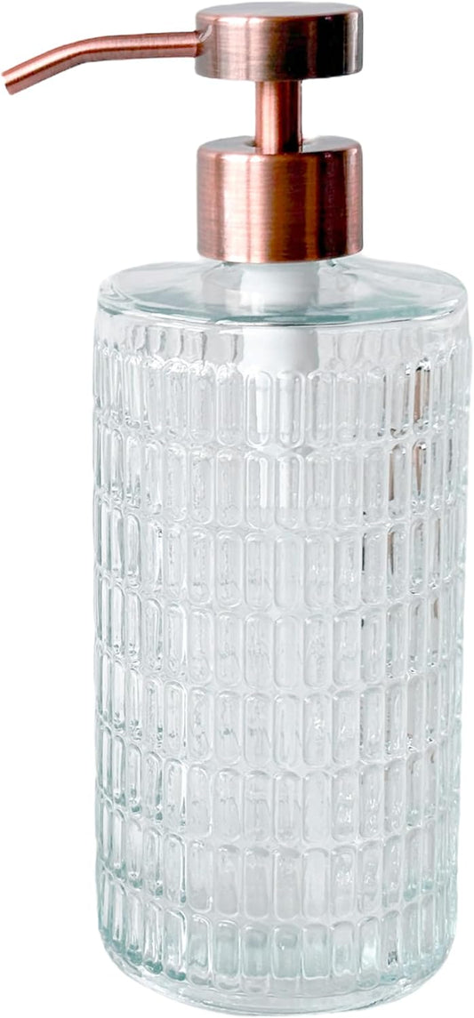 Lunestella Elegant Fluted Glass Dispenser with Stainless Steel Pump, 17oz, Decorative Bottle for Bathroom and Kitchen (Copper)