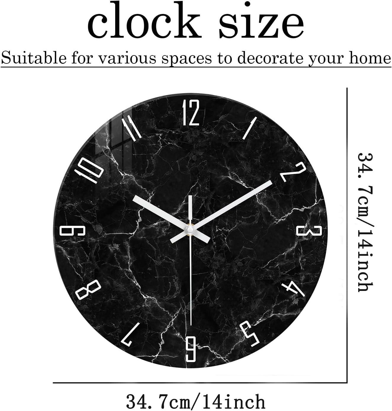 Marble Minimalist Wall Clock for Living Room Black Wall Clocks Battery Operated 20 Inch Big Glass Wall Clock Non Ticking
