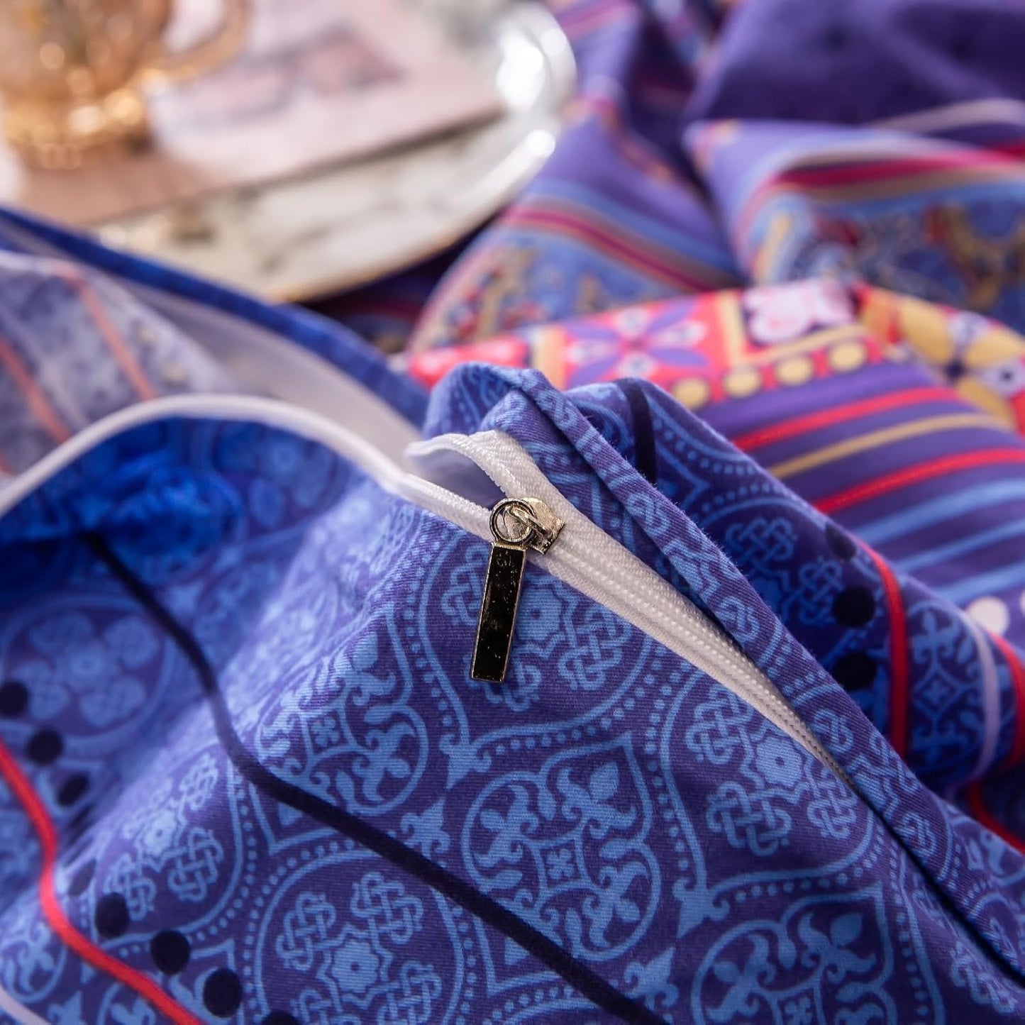 ABREEZE Bohemian Vintage Twin Size Floral Cotton Bedding Set 3Pcs Duvet Cover Set Boho Purple Paisley 100% Egyptian Brushed Cotton Reversible Home Bedding Collection