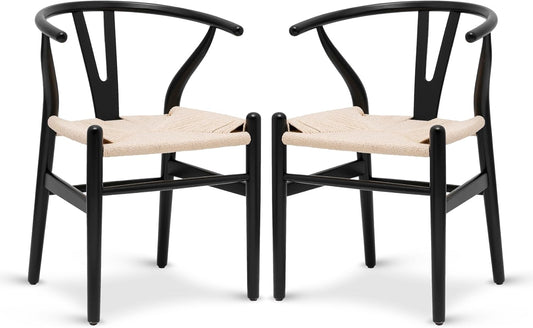 POLY & BARK Weave Dining Chairs – Mid-Century Modern Wishbone Dining Chairs with Arms, Solid Wood Frame, Indoor Use – Black – Set of 2 - Ideal for Dining Room, Kitchen or Stylish Accent Setting
