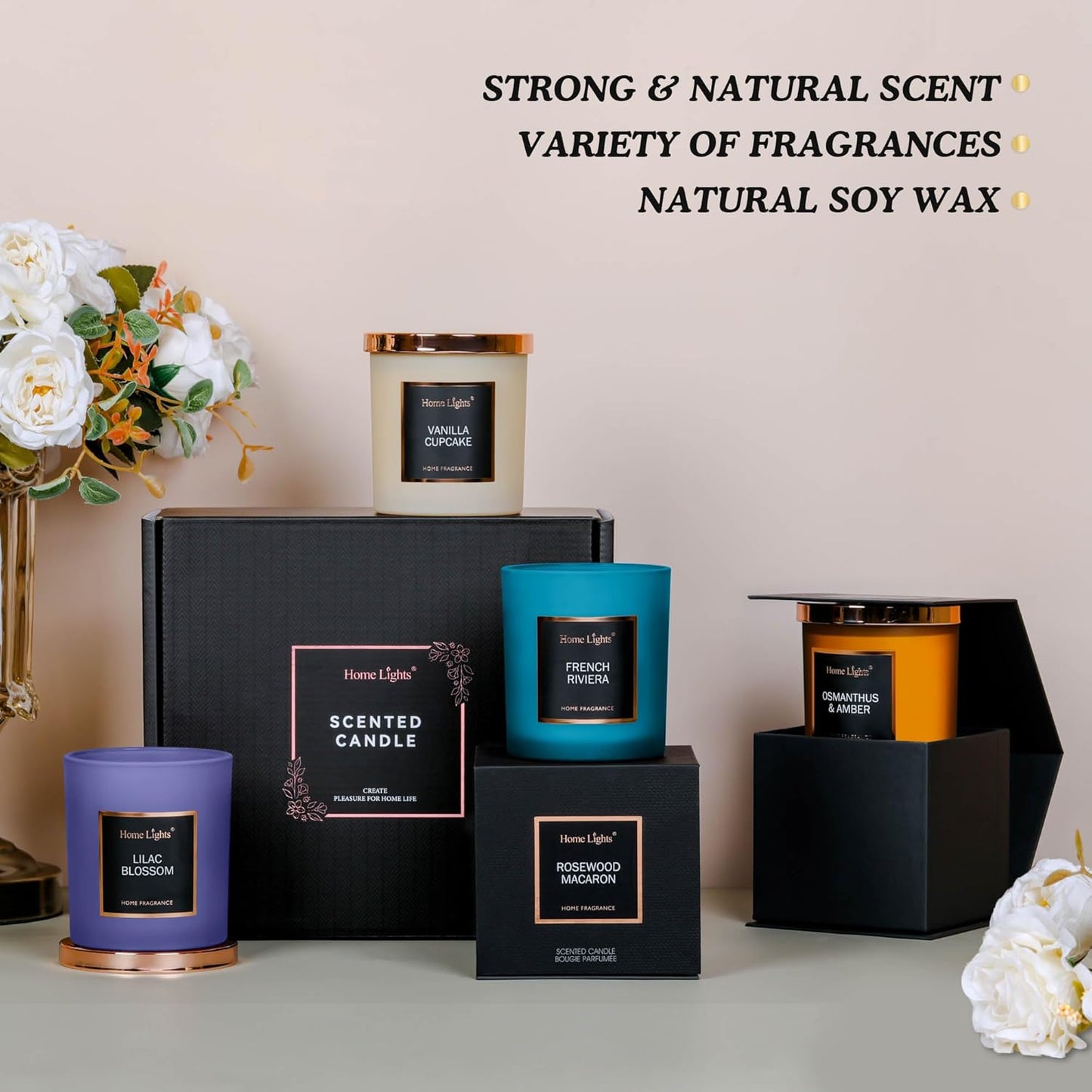HomeLights Scented Candle Gift Set, Natural Soy Wax Candles, 4 Pack Long Lasting Up 140 Hours, Aromatherapy Candles for Women Men Birthday Thanksgiving Christmas