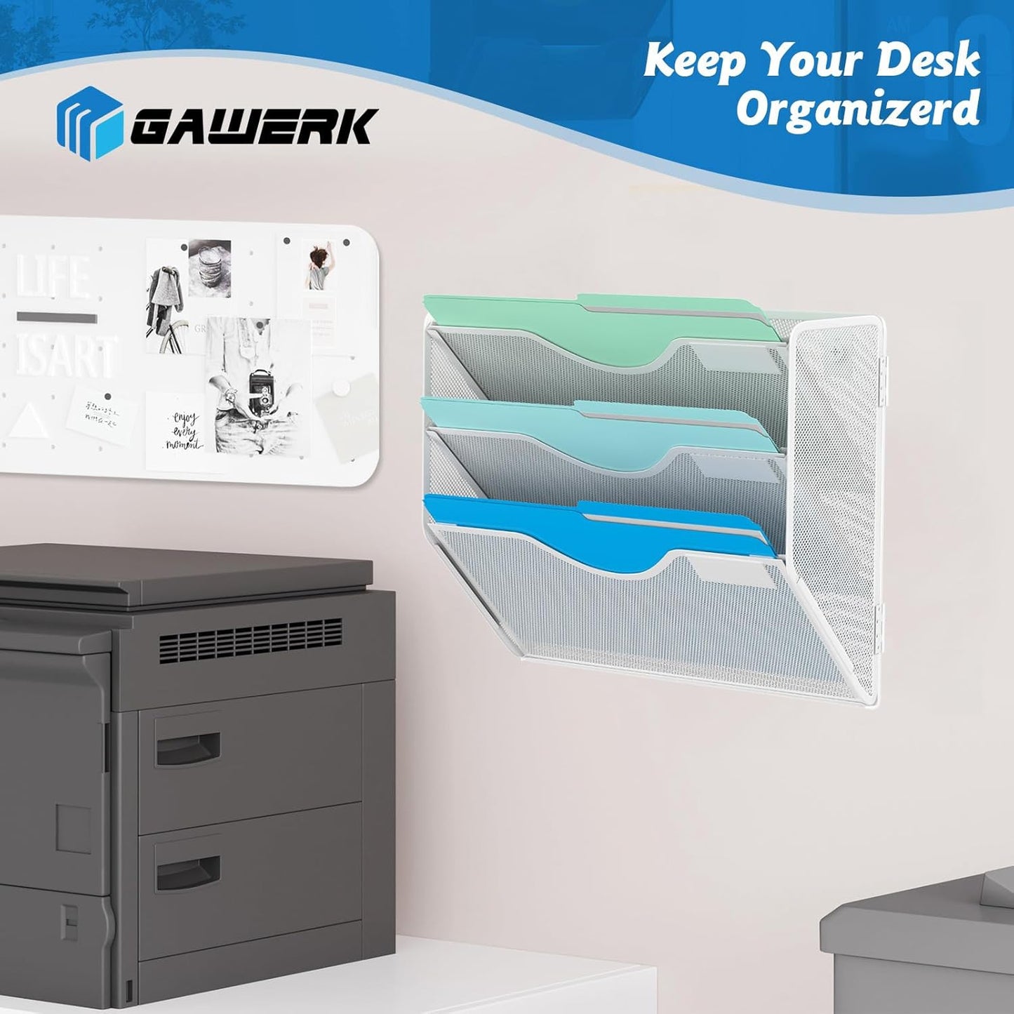 3 Tier Hanging Wall File Organizer, Mesh Mail Paper Orgnization Hanging File Folder Holder for Home Office, White